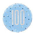 18-inch blue round helium balloon with '100' in silver writing
