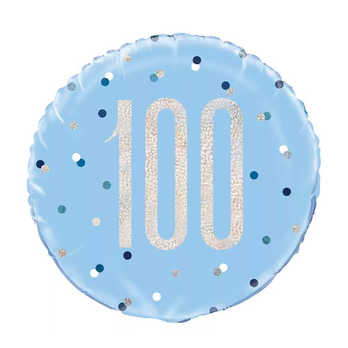 18-inch blue round helium balloon with '100' in silver writing
