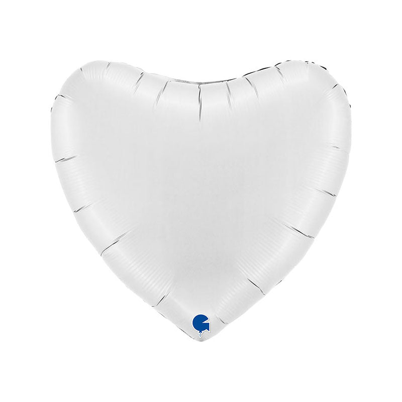 Heart-shaped white balloon with a blue logo on a white background