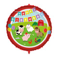 A round balloon featuring 4 farm animals and a happy birthday banner along the top third and a red solid colour around the outside of the ballon.