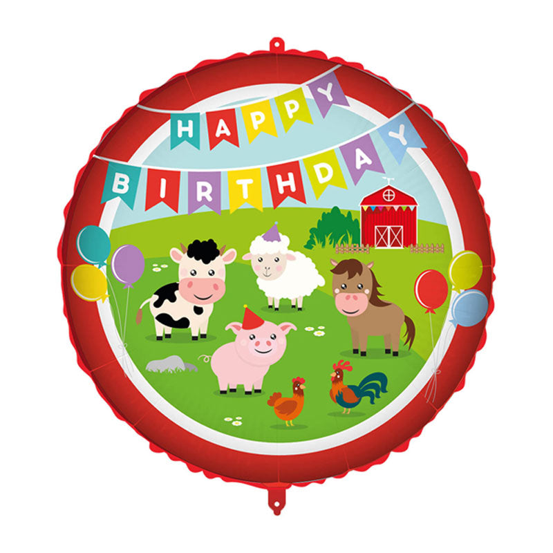 A round balloon featuring 4 farm animals and a happy birthday banner along the top third and a red solid colour around the outside of the ballon.