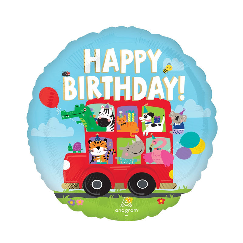 Blue background round balloon with a red bus and animals in the windows with party hats and a crocodile holding a red balloon.