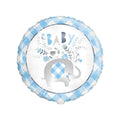 Blue and white tartan border balloon with white centre featuring a grey elephant.