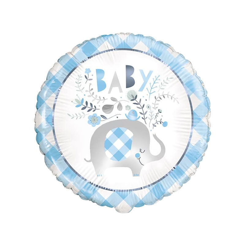 Blue and white tartan border balloon with white centre featuring a grey elephant.