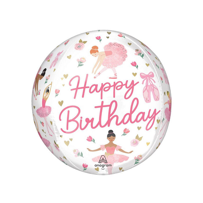 White ball balloon with pink ballerinas and Happy Birthday in pink text