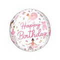 White ball balloon with pink ballerinas and Happy Birthday in pink text
