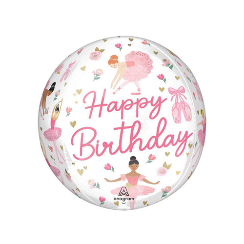 White ball balloon with pink ballerinas and Happy Birthday in pink text