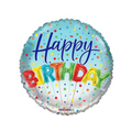 Blue and white background round balloon with 'BIRTHDAY' written in balloon shapes and confetti shapes all around