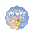 Lilac background large round balloon with white text saying Happy Mother's Day! along with a design of a cute bear holding some flowers