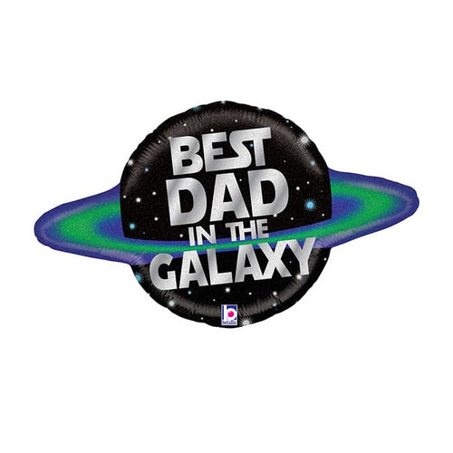 Balloon in the shape of the planet saturn but in black with green ring around the outside and 'BEST DAD IN THE GALAXY' written in the middle in silver text.