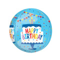 Orbz ball shaped balloon with a baby blue background, birthday cake shape with happy birthday printed on it.