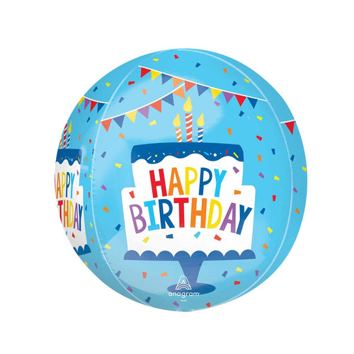 Orbz ball shaped balloon with a baby blue background, birthday cake shape with happy birthday printed on it.