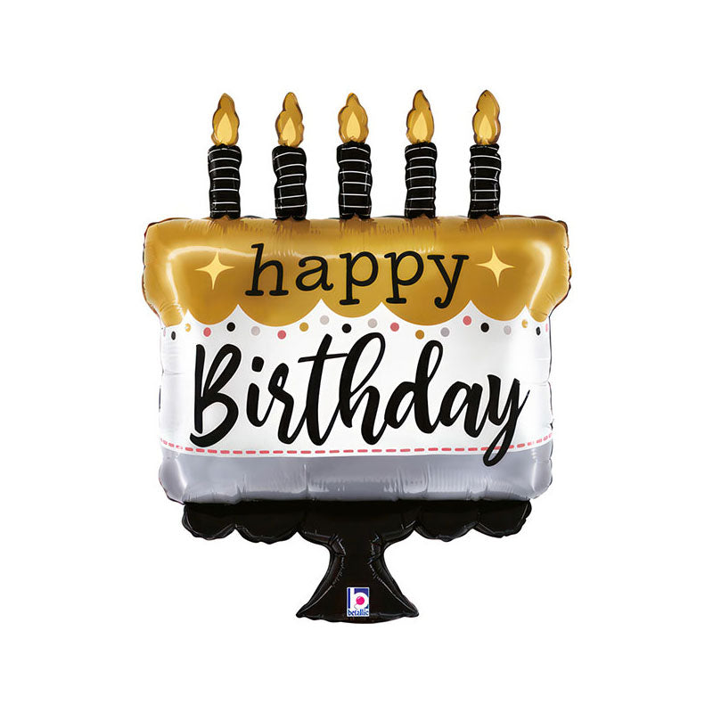 Balloon shaped like a birthday cake with candles on a white background