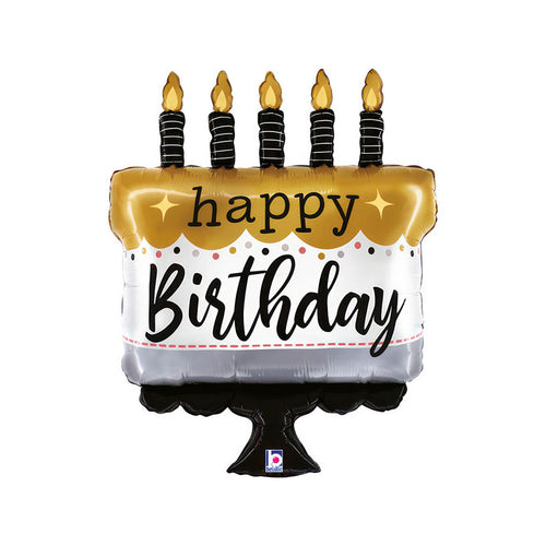 Balloon shaped like a birthday cake with candles on a white background