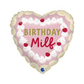 A heart shaped balloon with a pink background, dollops of creams with cherries on top and the wording 'BIRTHDAY Milf' in the middle in red and gold writing.