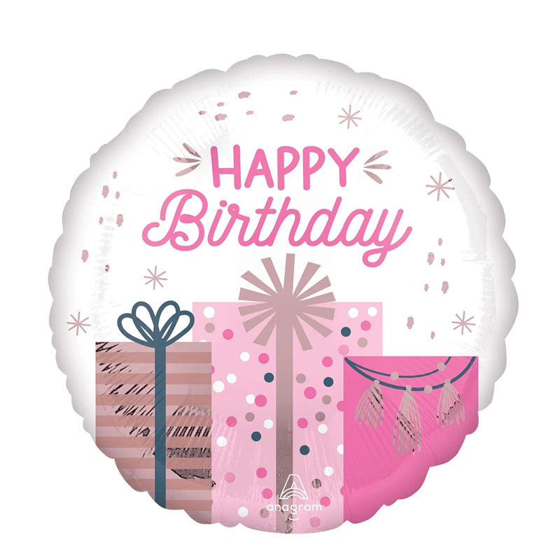 Present-themed balloon with a white background and pink colour scheme