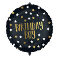 Round balloon with black background, gold and white stars and gold text saying birthday boy