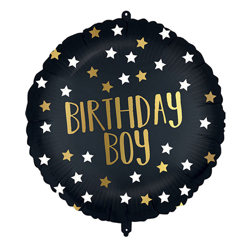 Round balloon with black background, gold and white stars and gold text saying birthday boy