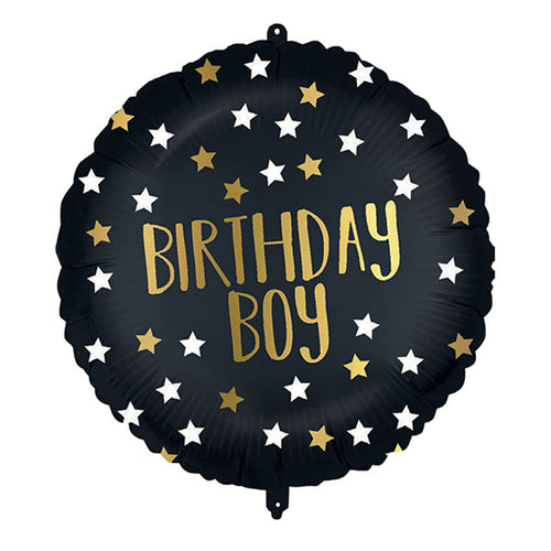 Round balloon with black background, gold and white stars and gold text saying birthday boy