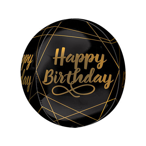 Black and gold lines Happy Birthday 15-inch orbz ball helium balloon