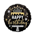 Black birthday balloon with gold and white text and decorations in the design