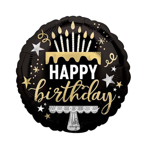 Black birthday balloon with gold and white text and decorations in the design