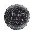 Black background balloon with silver swirls in the shape of an iron gate railing, with silver Happy Birthday in the centre