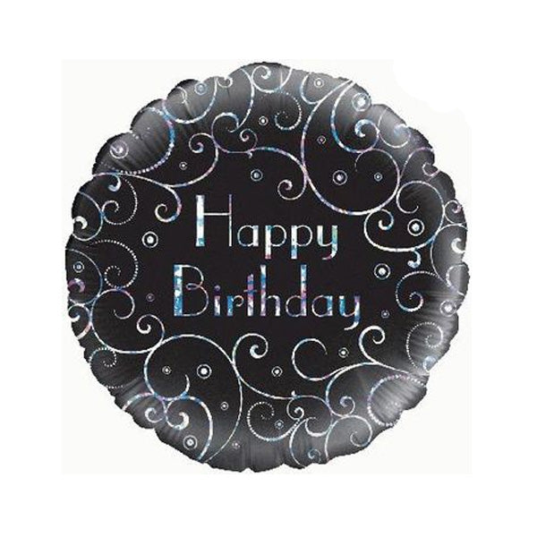 Black background balloon with silver swirls in the shape of an iron gate railing, with silver Happy Birthday in the centre