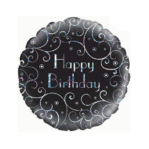 Black background balloon with silver swirls in the shape of an iron gate railing, with silver Happy Birthday in the centre