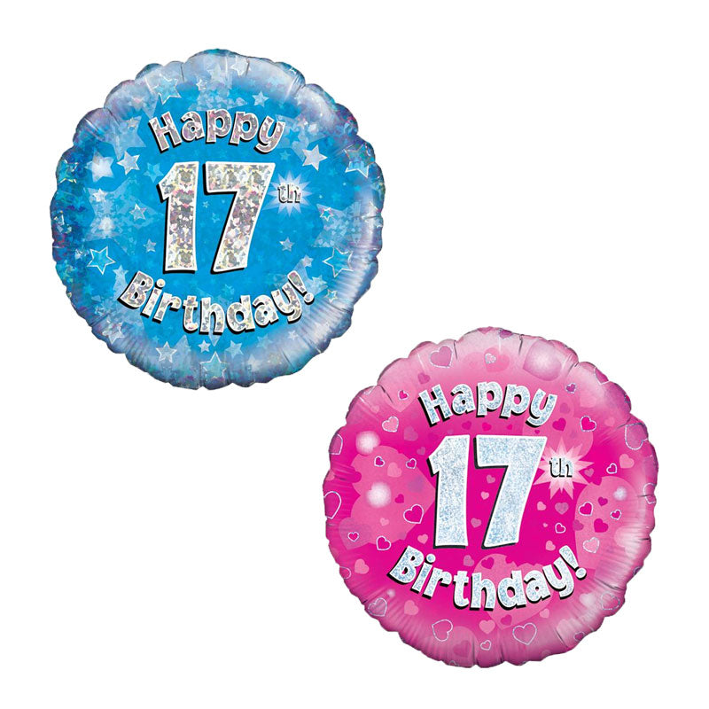 Two 'Happy 17th Birthday!' balloons, one blue and one pink
