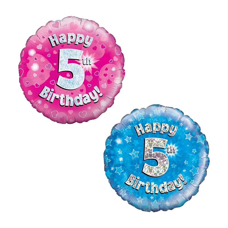 Two birthday balloons, one pink and one blue, with 'Happy 5th Birthday!' text.