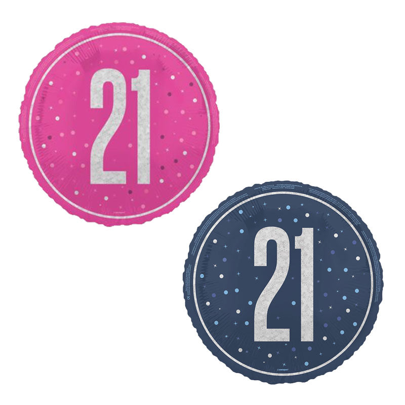 Two round balloons with the number 21 on a white background, one pink and one blue.