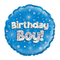 Round blue background balloon with holographic effect lettering of 'Birthday Boy!'