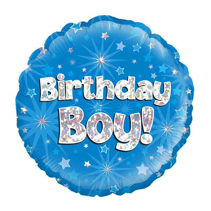 Round blue background balloon with holographic effect lettering of 'Birthday Boy!'