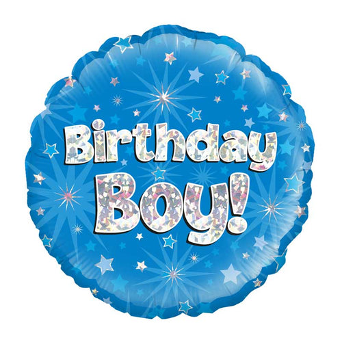Round blue background balloon with holographic effect lettering of 'Birthday Boy!'
