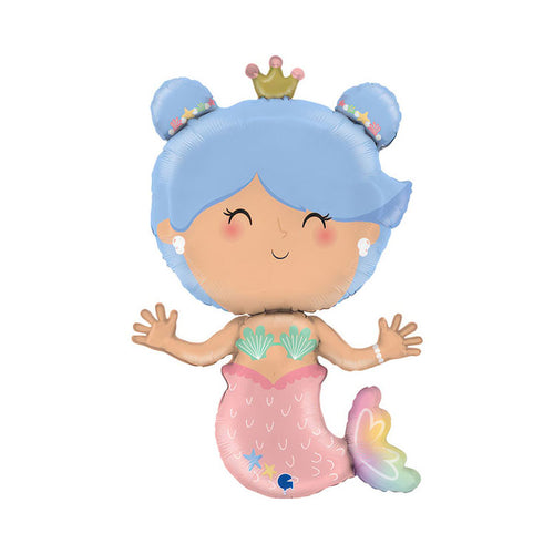 Mermaid-shaped balloon with blue hair and a crown on a white background