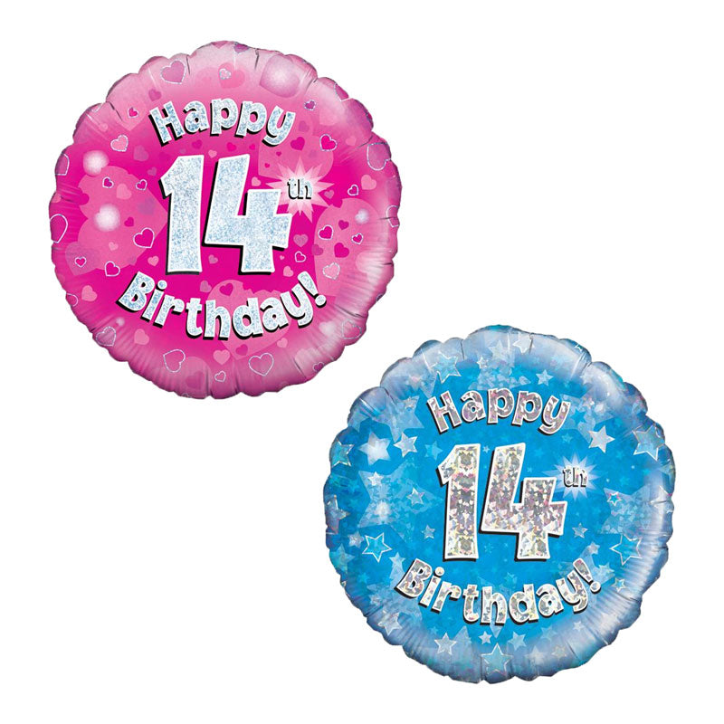 Two birthday balloons, one pink and one blue, with 'Happy 14th Birthday!' text.