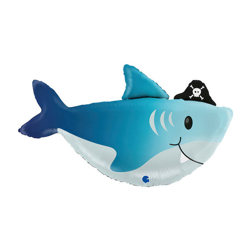 Inflatable shark-shaped balloon with a pirate hat on, a white background