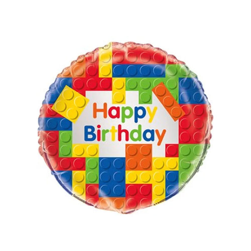 A colourful round balloon featuring building blocks like the popular brand you know and love, with happy birthday written in the middle.