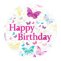 Butterfly-themed white background colourful balloon featuring Happy Birthday text in pink