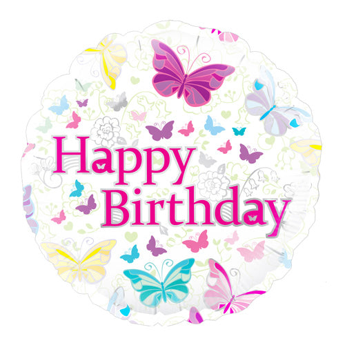 Butterfly-themed white background colourful balloon featuring Happy Birthday text in pink