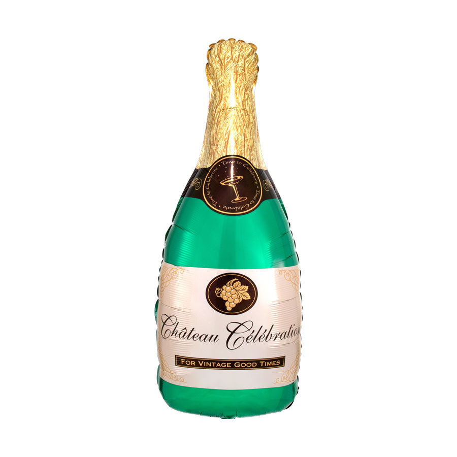 Château Célébration champagne bottle helium balloon with gold foil top on a white background