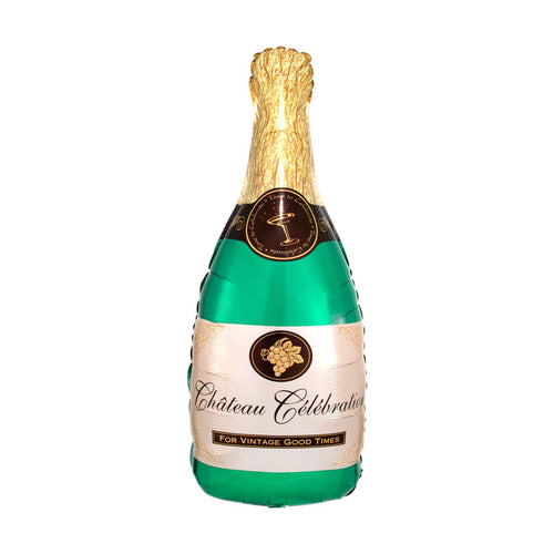 Château Célébration champagne bottle helium balloon with gold foil top on a white background