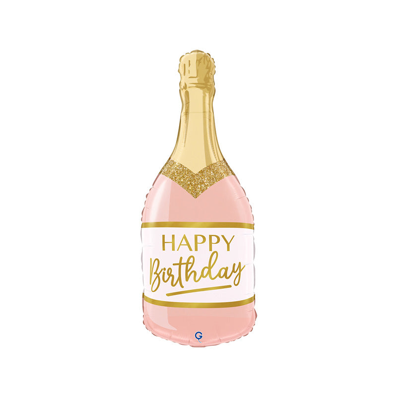 Balloon shaped like a champagne bottle with 'Happy Birthday' text on a white background