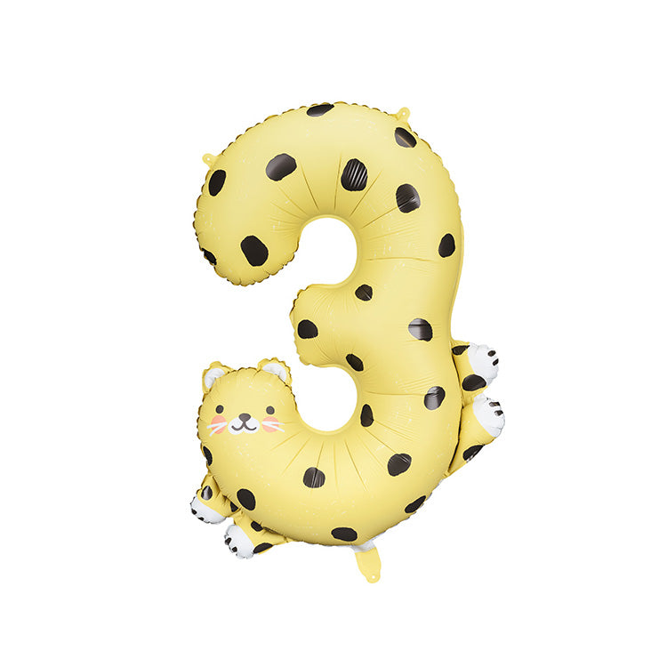 Number 3 balloon with a cheetah theme in yellow with black spots and a cheetah face
