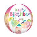 Round ball shaped happy birthday balloon with cocktail illustrations on 2 of 4 sides.