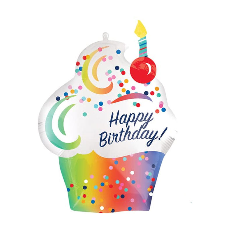 Colourful birthday cake balloon with 'Happy Birthday!' text on a white background