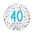 Helium balloon with polka dots and '40 Happy Birthday!' text on a white background