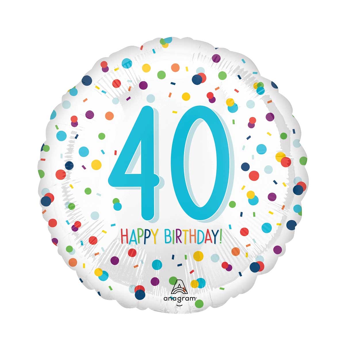Helium balloon with polka dots and '40 Happy Birthday!' text on a white background