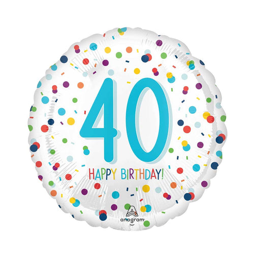 Helium balloon with polka dots and '40 Happy Birthday!' text on a white background
